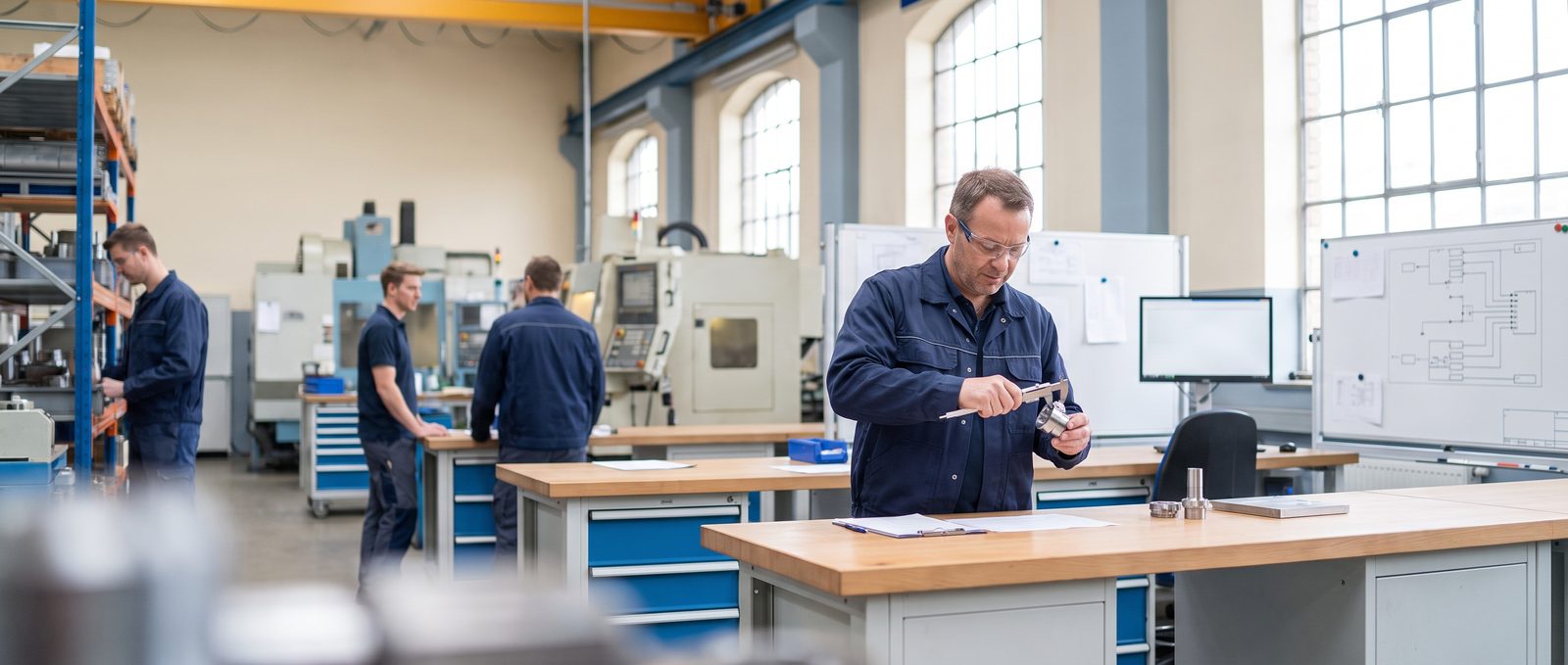 Qualitätsprüfung mit Messschieber in einer Werkhalle eines Metallbetriebs